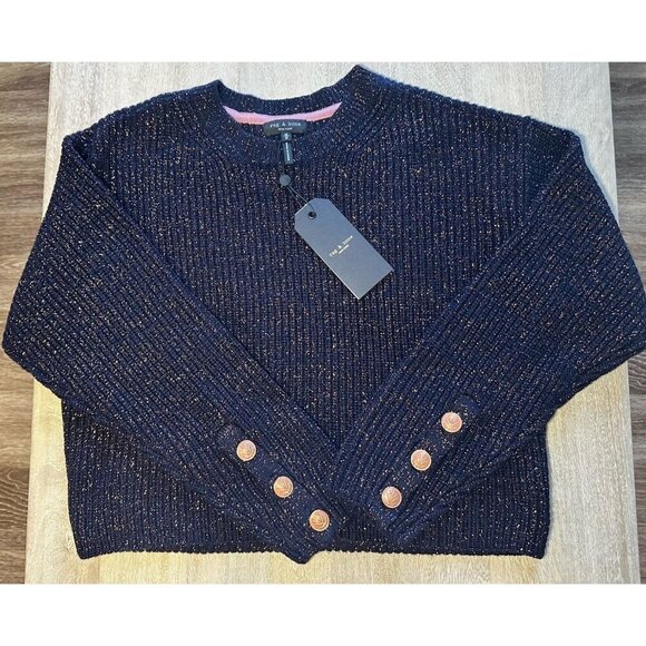 Rag & Bone NWT Jubilee Metalic Lurex Rose Gold Navy Cropped Sweater Medium - Picture 1 of 9